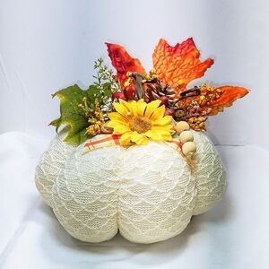 Fall Pumpkin White Fabric with floral bouquet